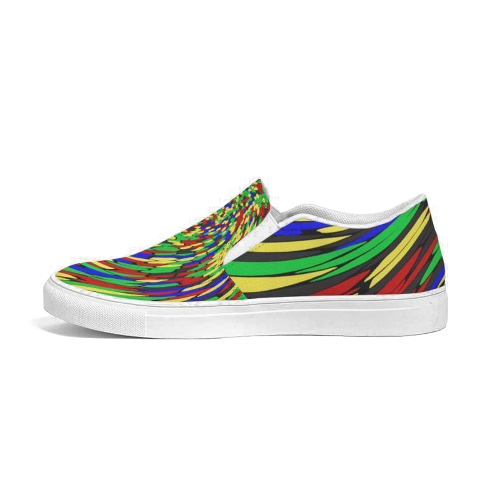 Multicolor low top canvas slip-on shoes for men with a colorful swirl print design.