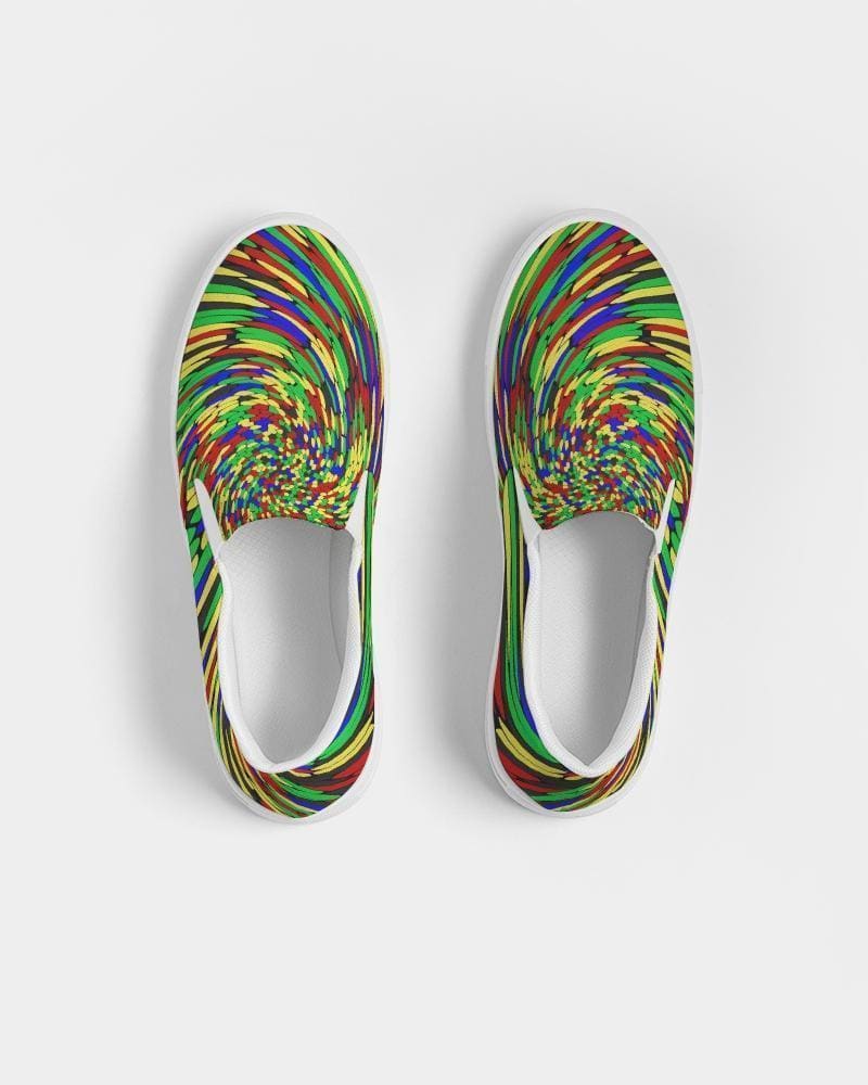 Multicolor low top canvas slip-on shoes for men with a colorful swirl print design.