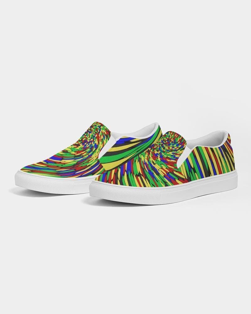 Multicolor low top canvas slip-on shoes for men with a colorful swirl print design.