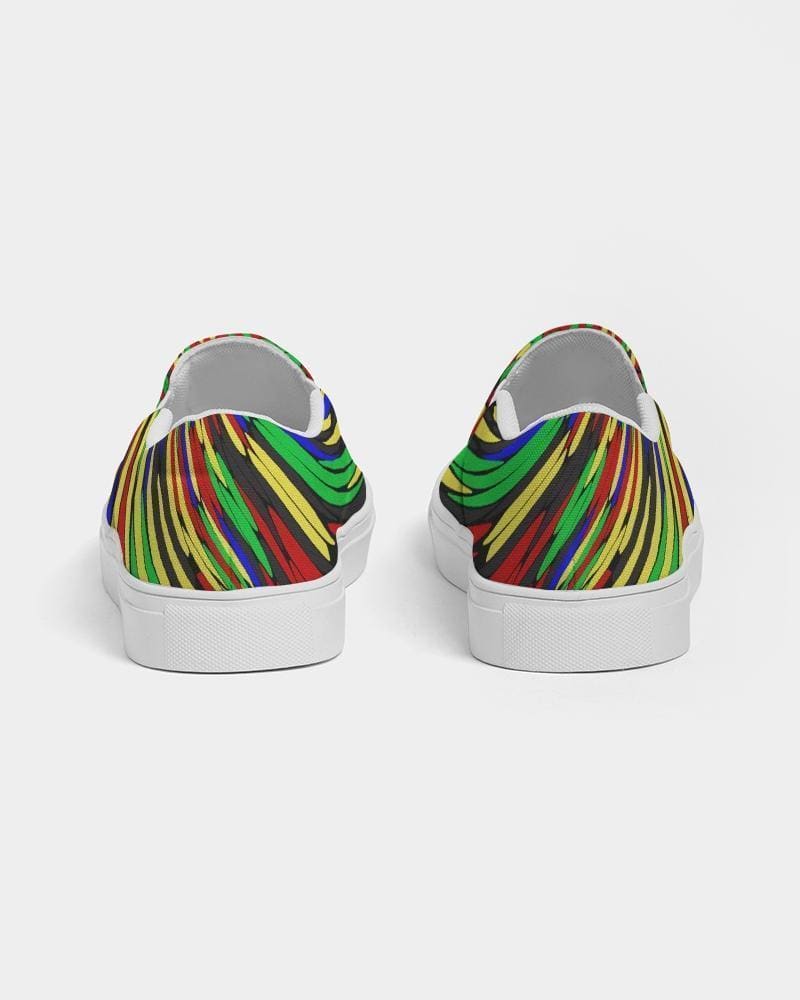 Multicolor low top canvas slip-on shoes for men with a colorful swirl print design.
