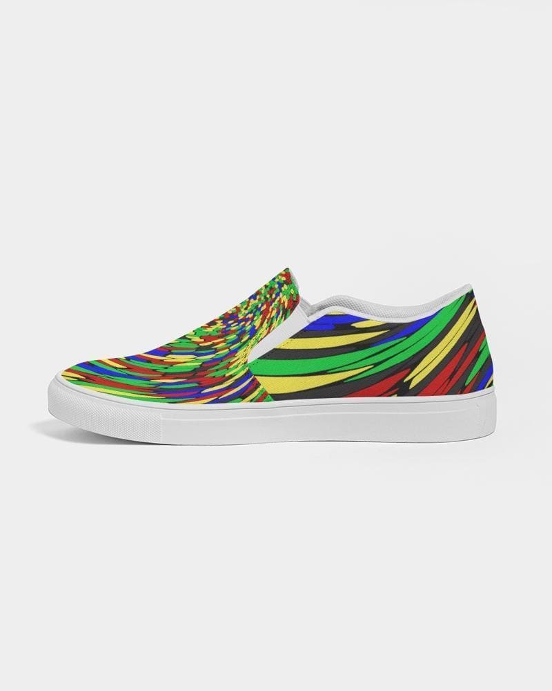 Multicolor low top canvas slip-on shoes for men with a colorful swirl print design.
