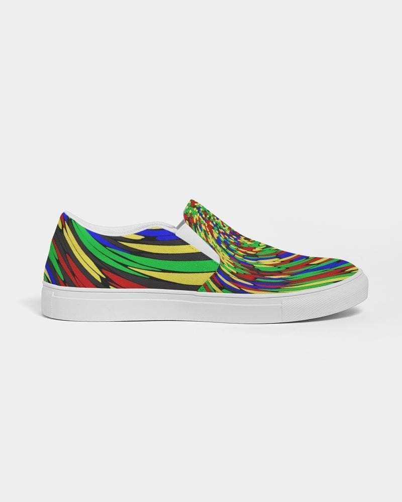 Multicolor low top canvas slip-on shoes for men with a colorful swirl print design.