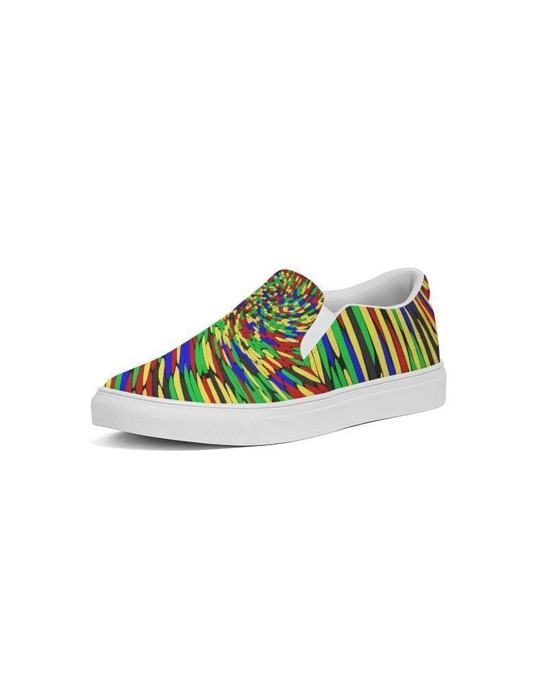 Multicolor low top canvas slip-on shoes for men with a colorful swirl print design.