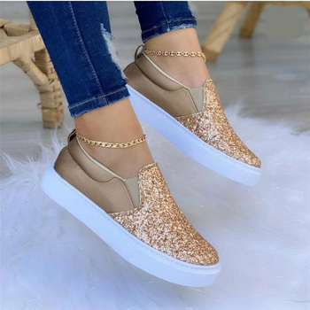 Stylish Moccasins Glitter Flat Female Loafers in rose gold, black, and gold colors, showcasing their glittery finish and elegant design.