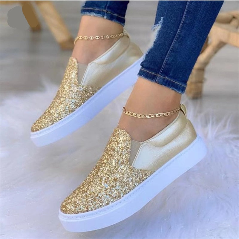 Stylish Moccasins Glitter Flat Female Loafers in rose gold, black, and gold colors, showcasing their glittery finish and elegant design.