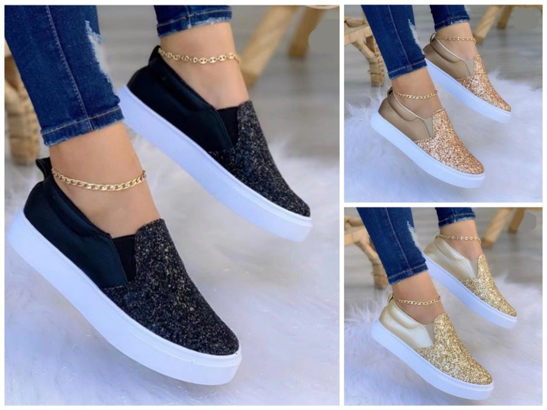 Stylish Moccasins Glitter Flat Female Loafers in rose gold, black, and gold colors, showcasing their glittery finish and elegant design.