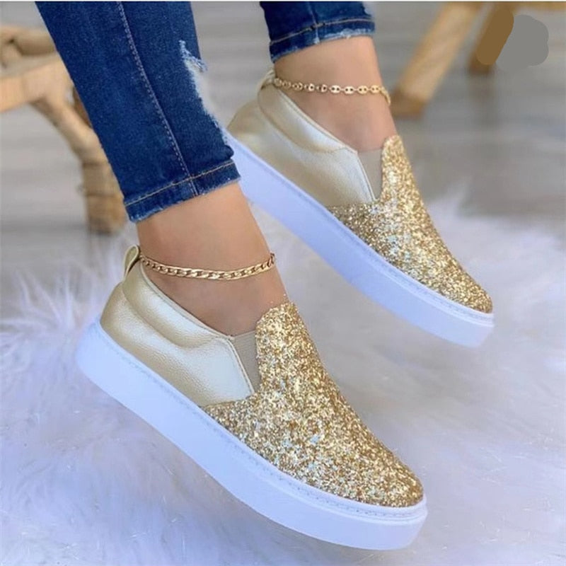 Stylish Moccasins Glitter Flat Female Loafers in rose gold, black, and gold colors, showcasing their glittery finish and elegant design.