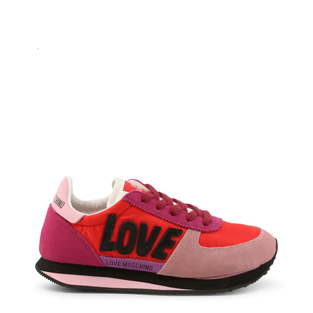 Pink Red Suede Sneakers featuring a 3cm platform heel and embroidered 'Love' logo, perfect for stylish comfort.
