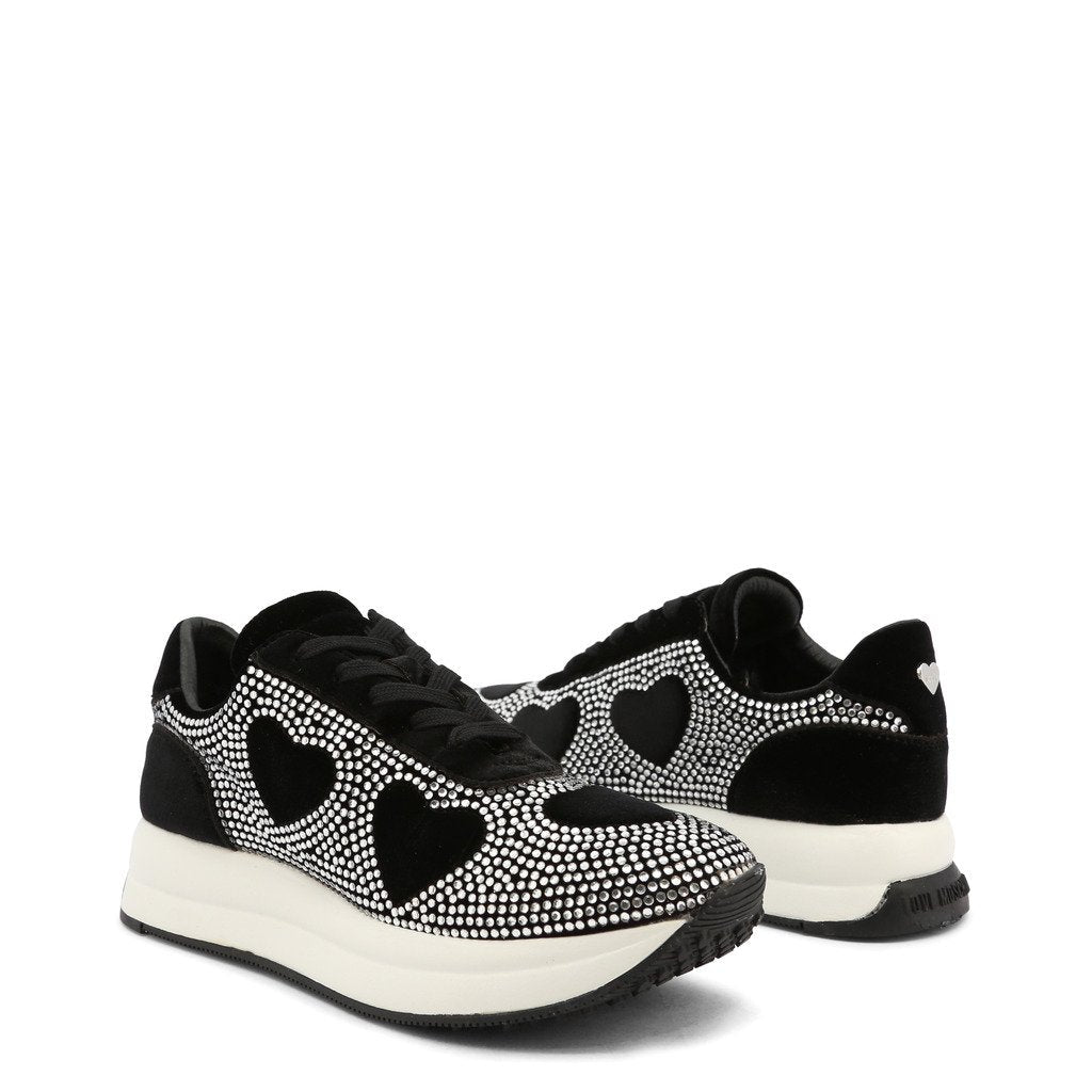 Black Love Moschino rhinestone heart sneakers with a cushioned sole and velvet upper, showcasing sparkling rhinestones for a stylish look.