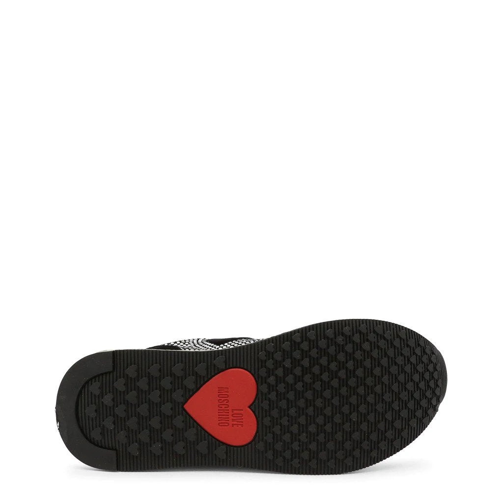 Black Love Moschino rhinestone heart sneakers with a cushioned sole and velvet upper, showcasing sparkling rhinestones for a stylish look.