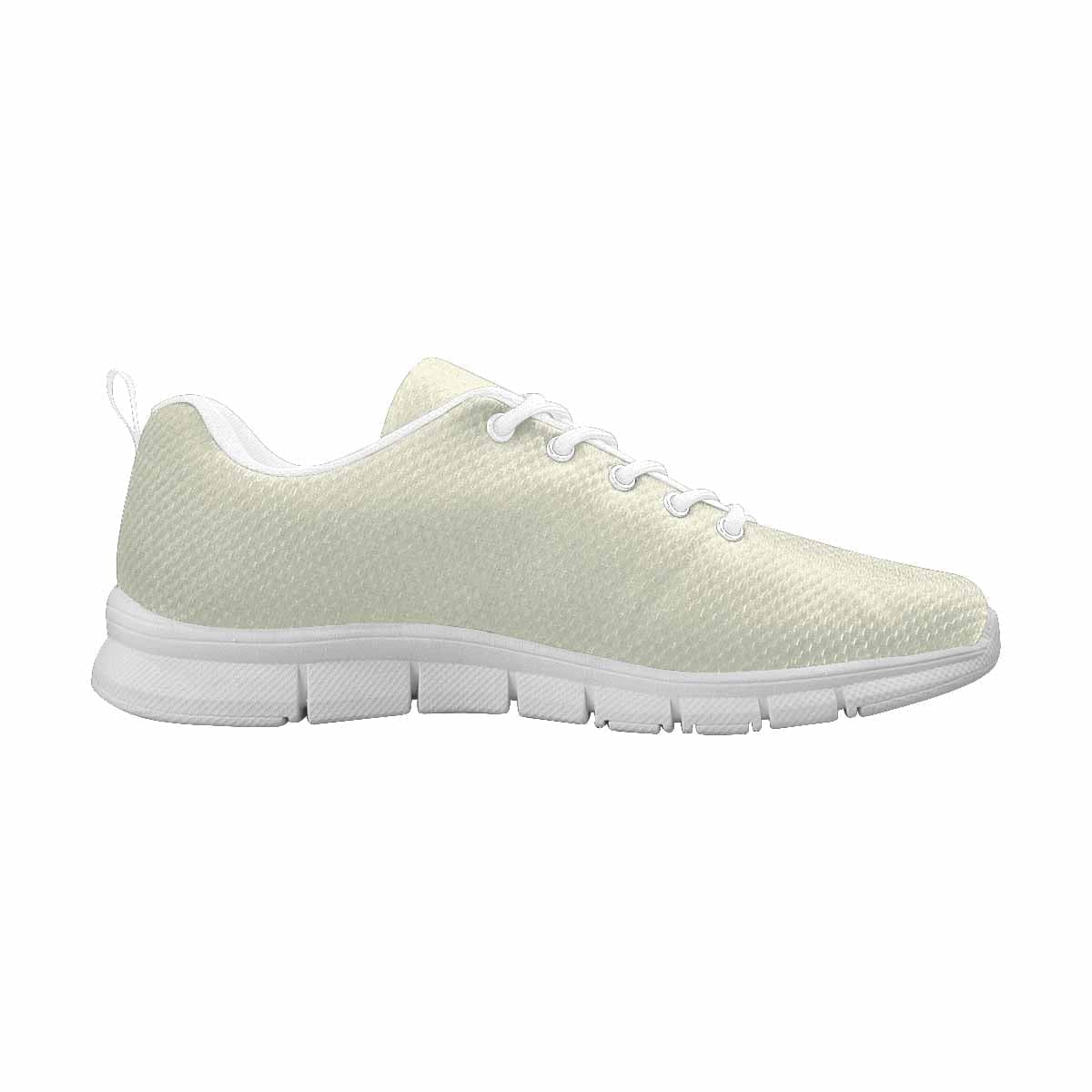Beige sneakers for men designed for running, featuring a breathable mesh upper and comfortable foamed collar.