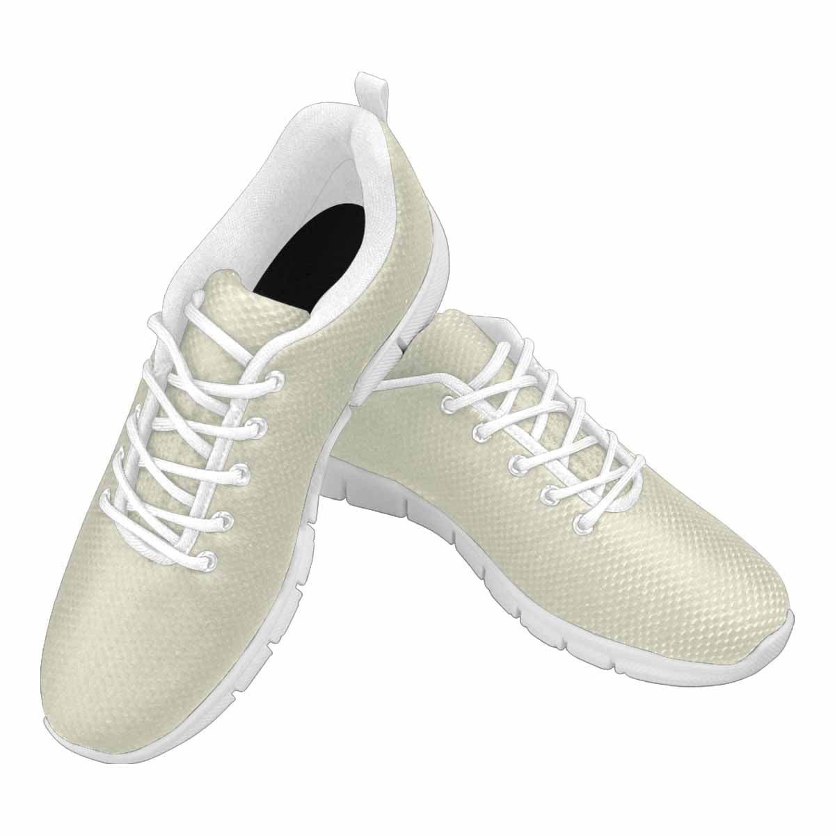 Beige sneakers for men designed for running, featuring a breathable mesh upper and comfortable foamed collar.