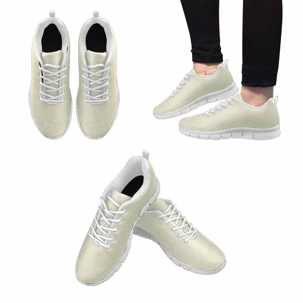 Beige sneakers for men designed for running, featuring a breathable mesh upper and comfortable foamed collar.