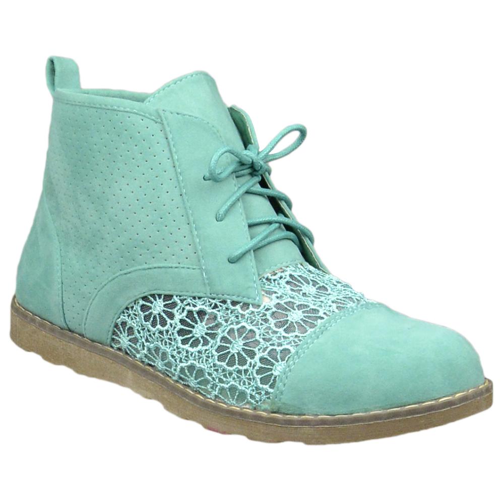 SOBEYO Women's Booties in green with embroidered flowers and lace-up design, showcasing trendy high-top ankle style.