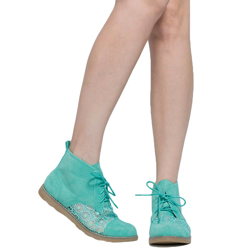 SOBEYO Women's Booties in green with embroidered flowers and lace-up design, showcasing trendy high-top ankle style.