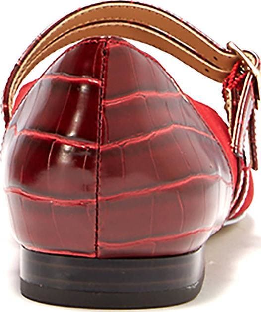 A pair of stylish Women's Sahara Red Flat Shoes featuring strappy details and a pointed toe, perfect for casual and formal occasions.