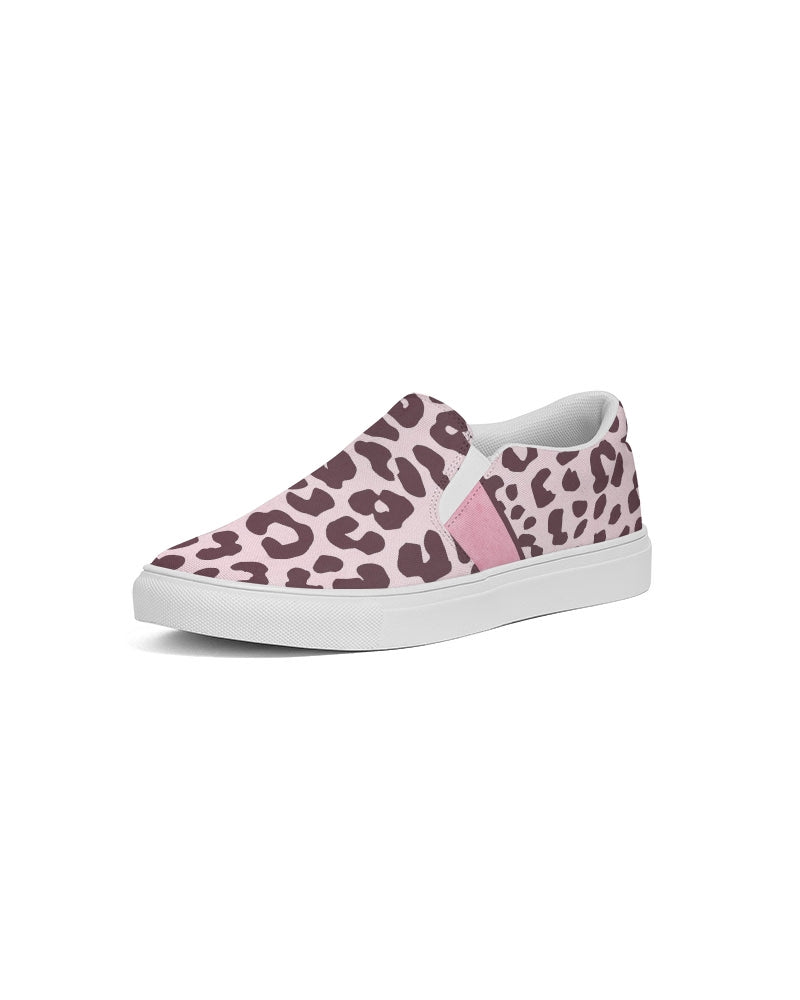 Women's slip-on canvas shoe featuring a vibrant pink leopard print design, perfect for stylish comfort.