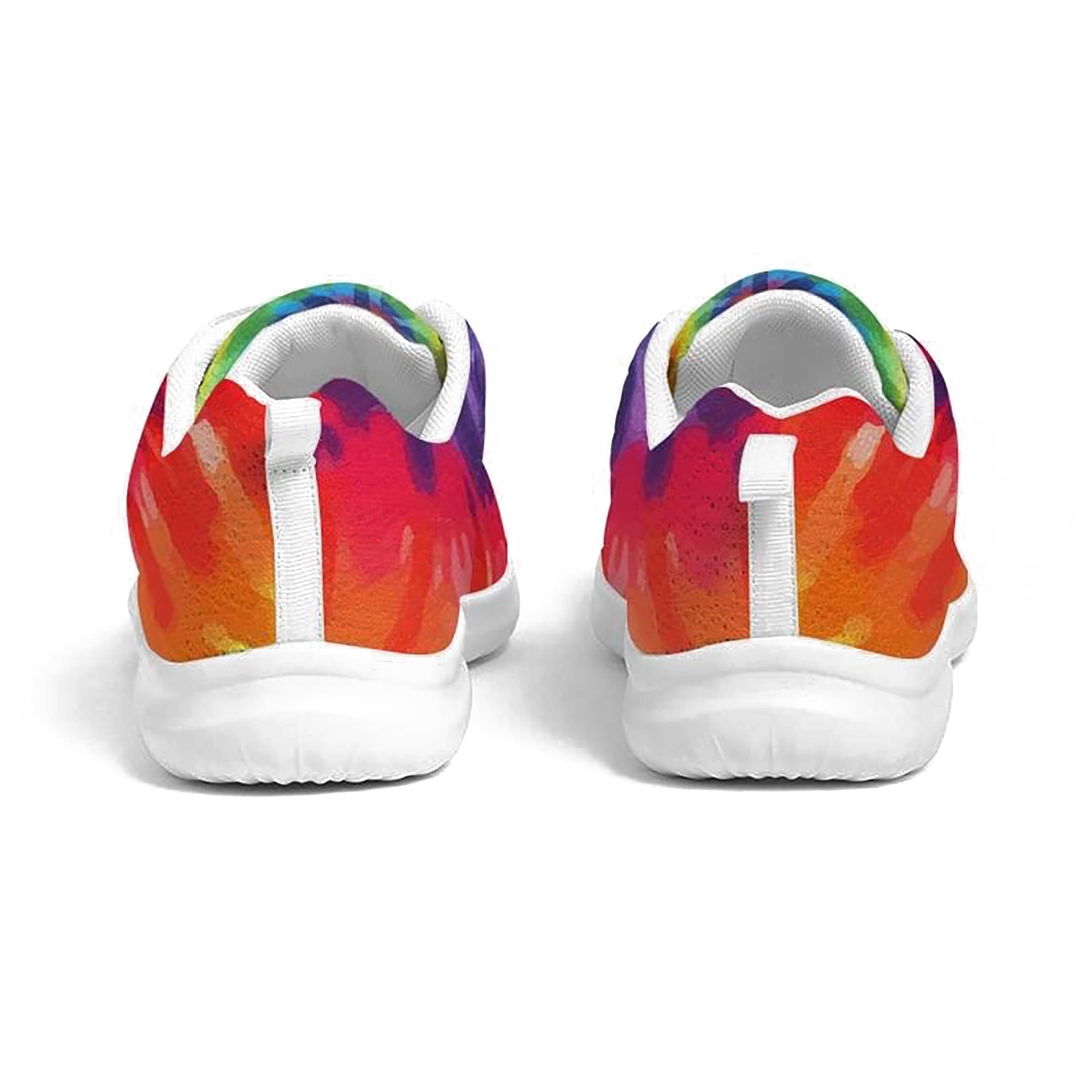A pair of women's canvas running shoes featuring a vibrant multicolor tie-dye print, designed for comfort and style with a lace-up front and padded collar.