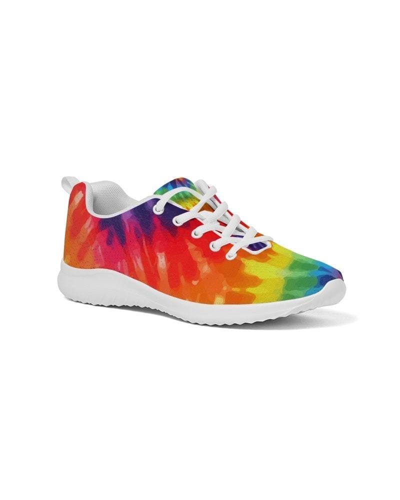 A pair of women's canvas running shoes featuring a vibrant multicolor tie-dye print, designed for comfort and style with a lace-up front and padded collar.