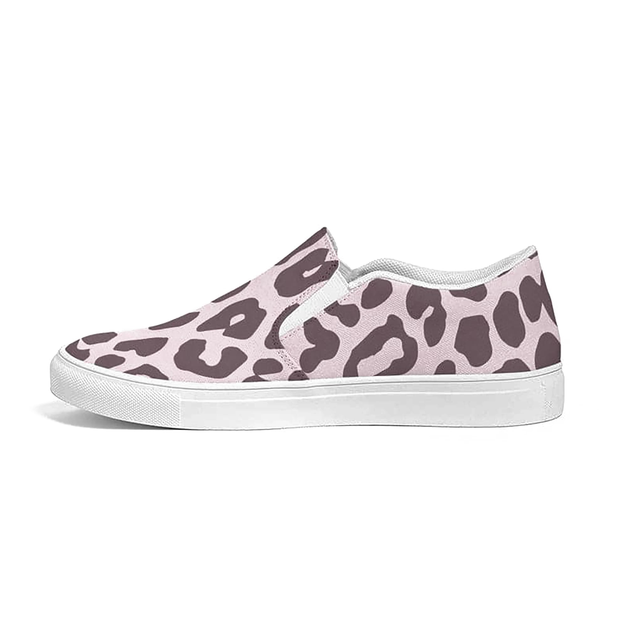 A pair of women's canvas slip-on sneakers featuring a vibrant pink leopard print design, perfect for casual wear.