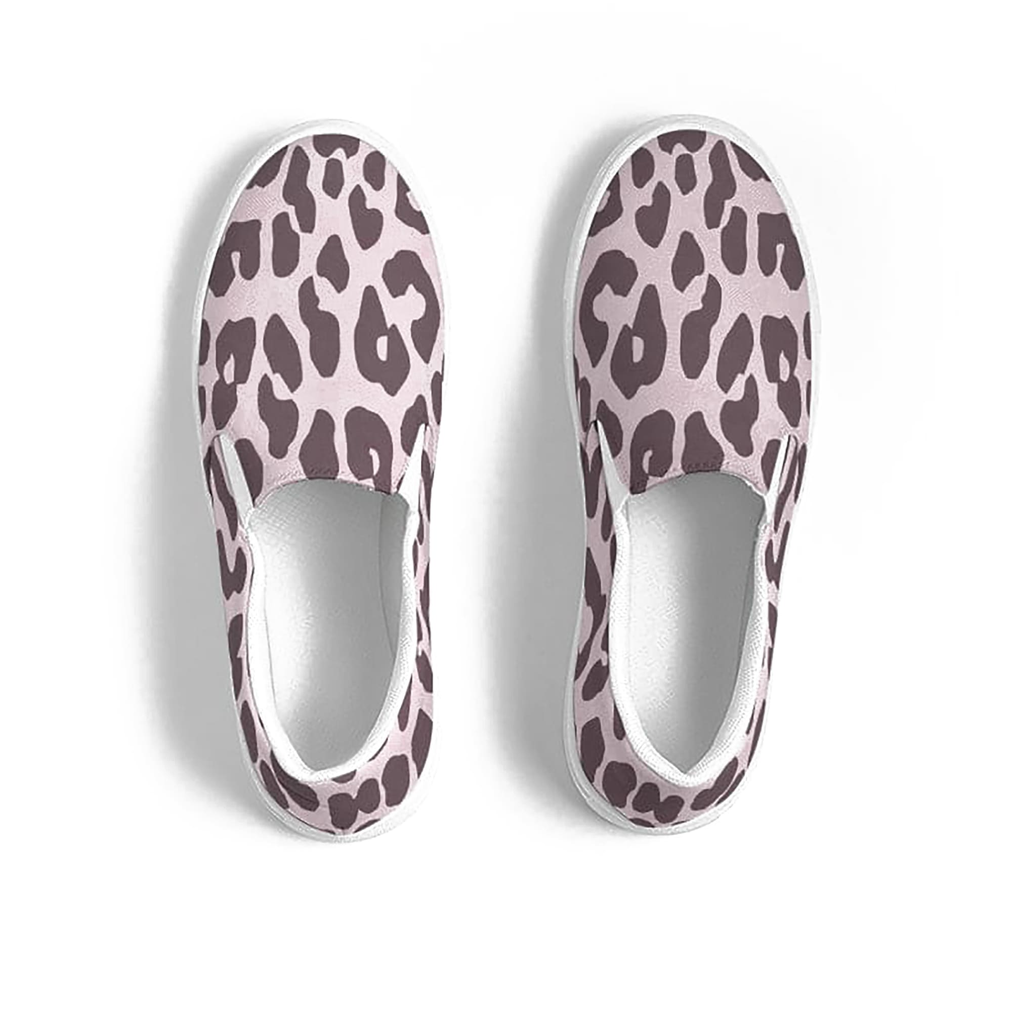 A pair of women's canvas slip-on sneakers featuring a vibrant pink leopard print design, perfect for casual wear.