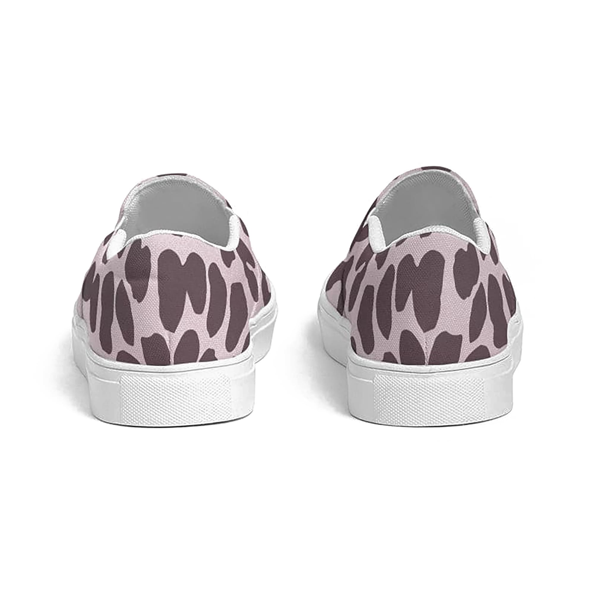 A pair of women's canvas slip-on sneakers featuring a vibrant pink leopard print design, perfect for casual wear.