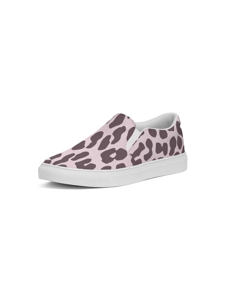 A pair of women's canvas slip-on sneakers featuring a vibrant pink leopard print design, perfect for casual wear.