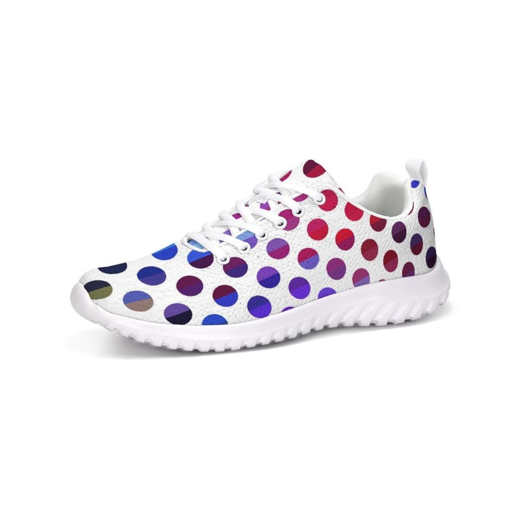 Womens multicolor polka dot canvas sports sneakers, featuring front tie laces and a durable rubber outsole, perfect for running and casual wear.