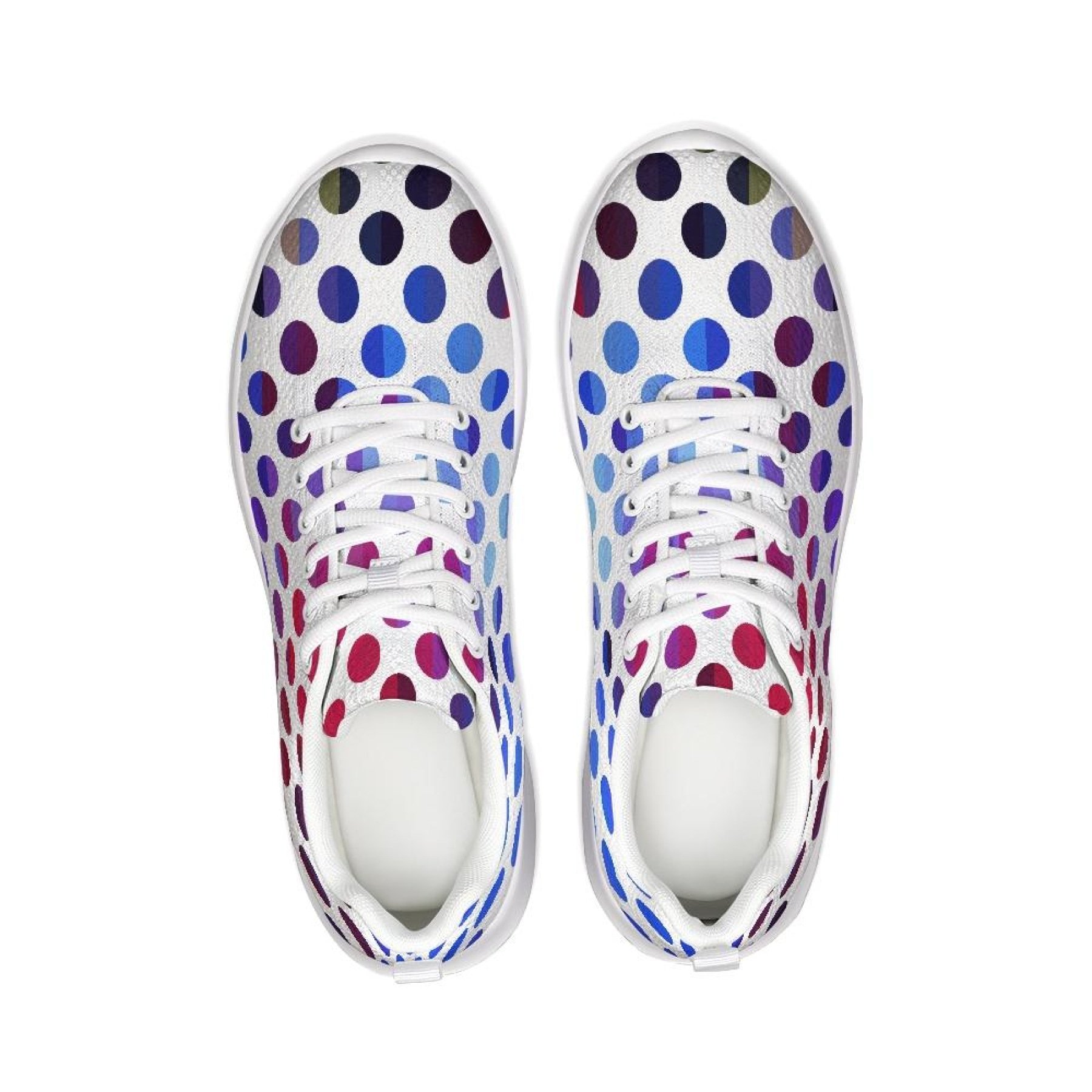 Womens multicolor polka dot canvas sports sneakers, featuring front tie laces and a durable rubber outsole, perfect for running and casual wear.