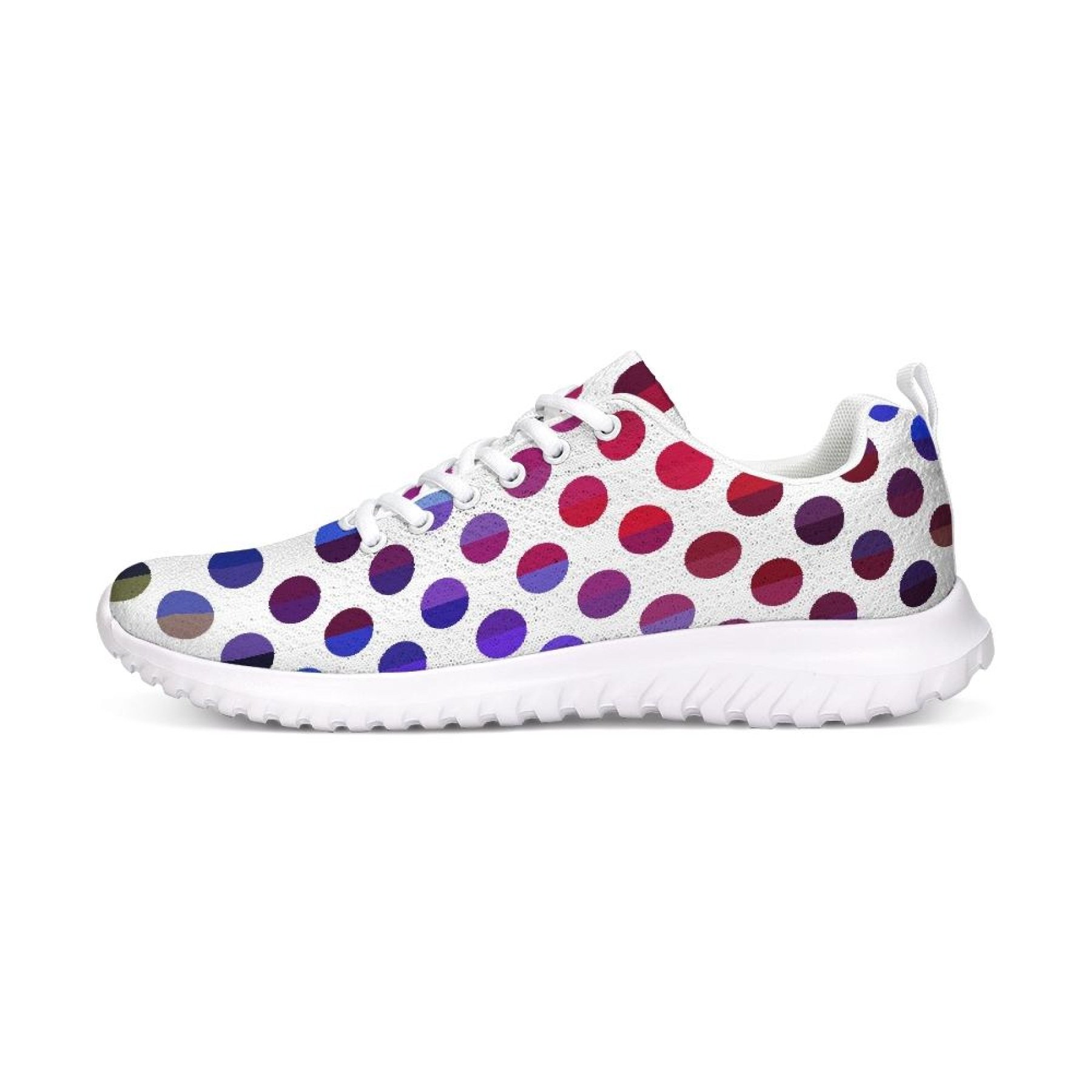 Womens multicolor polka dot canvas sports sneakers, featuring front tie laces and a durable rubber outsole, perfect for running and casual wear.