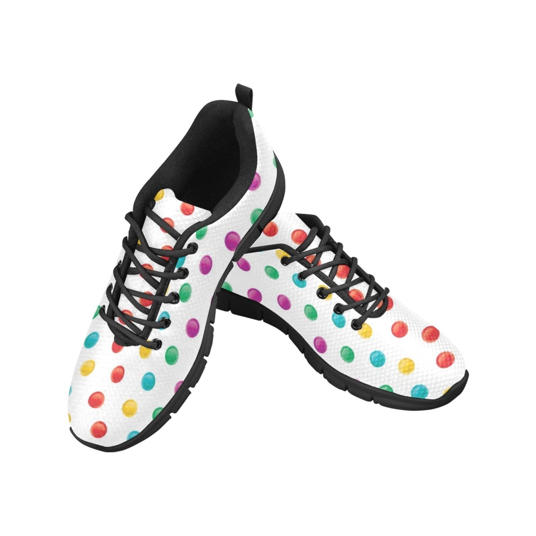 A pair of vibrant multicolor polka dot print womens sneakers designed for running and workouts, featuring a breathable mesh upper and non-slip sole.