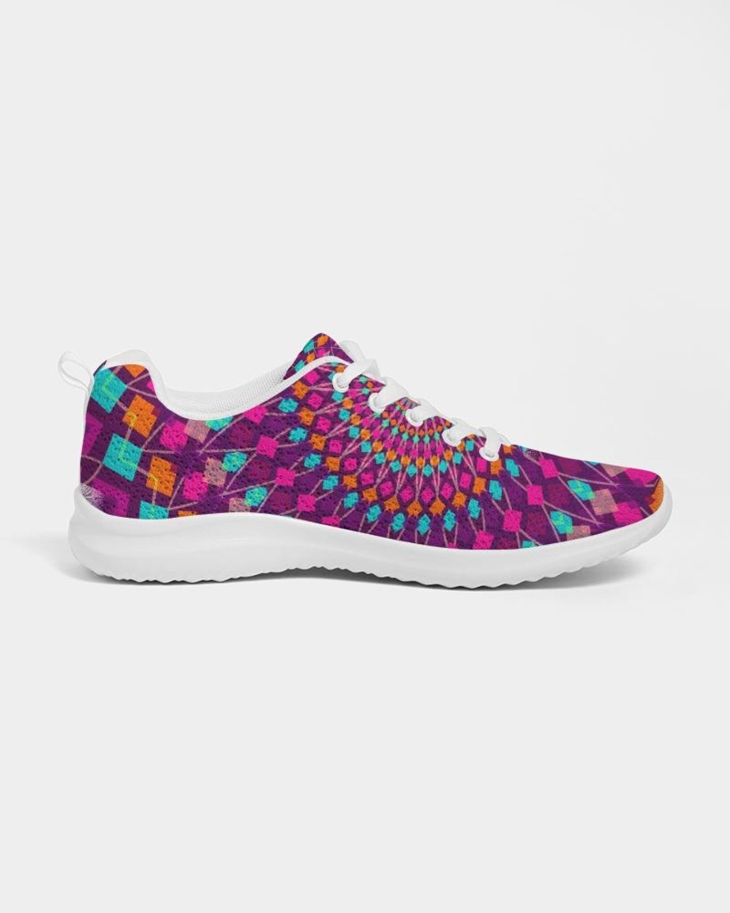 A pair of Womens Sneakers in Purple Kaleidoscope style, featuring a lace-up front, breathable lining, and padded collar, perfect for sports and casual wear.