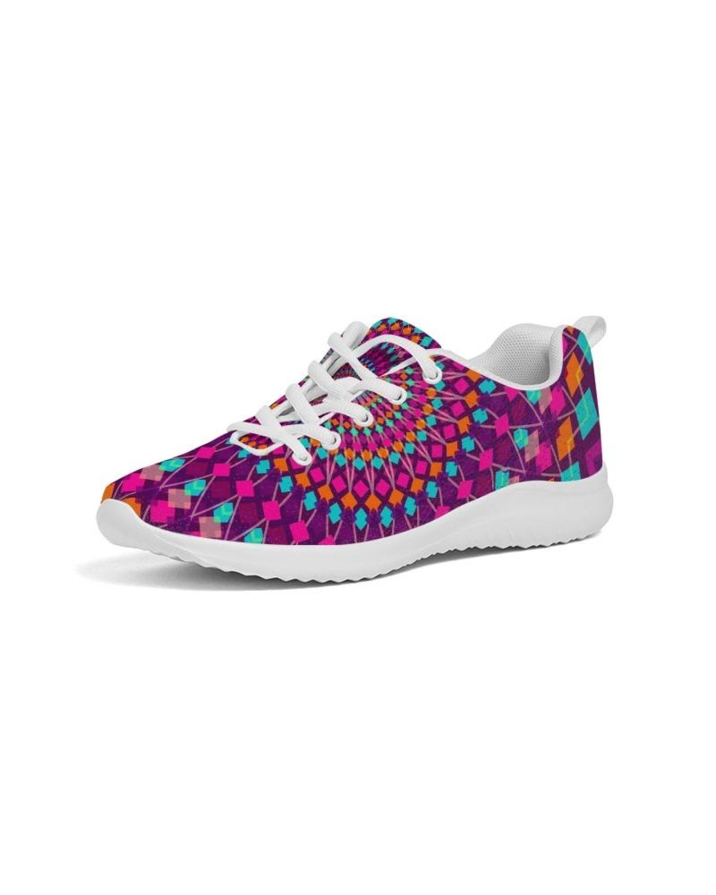 A pair of Womens Sneakers in Purple Kaleidoscope style, featuring a lace-up front, breathable lining, and padded collar, perfect for sports and casual wear.