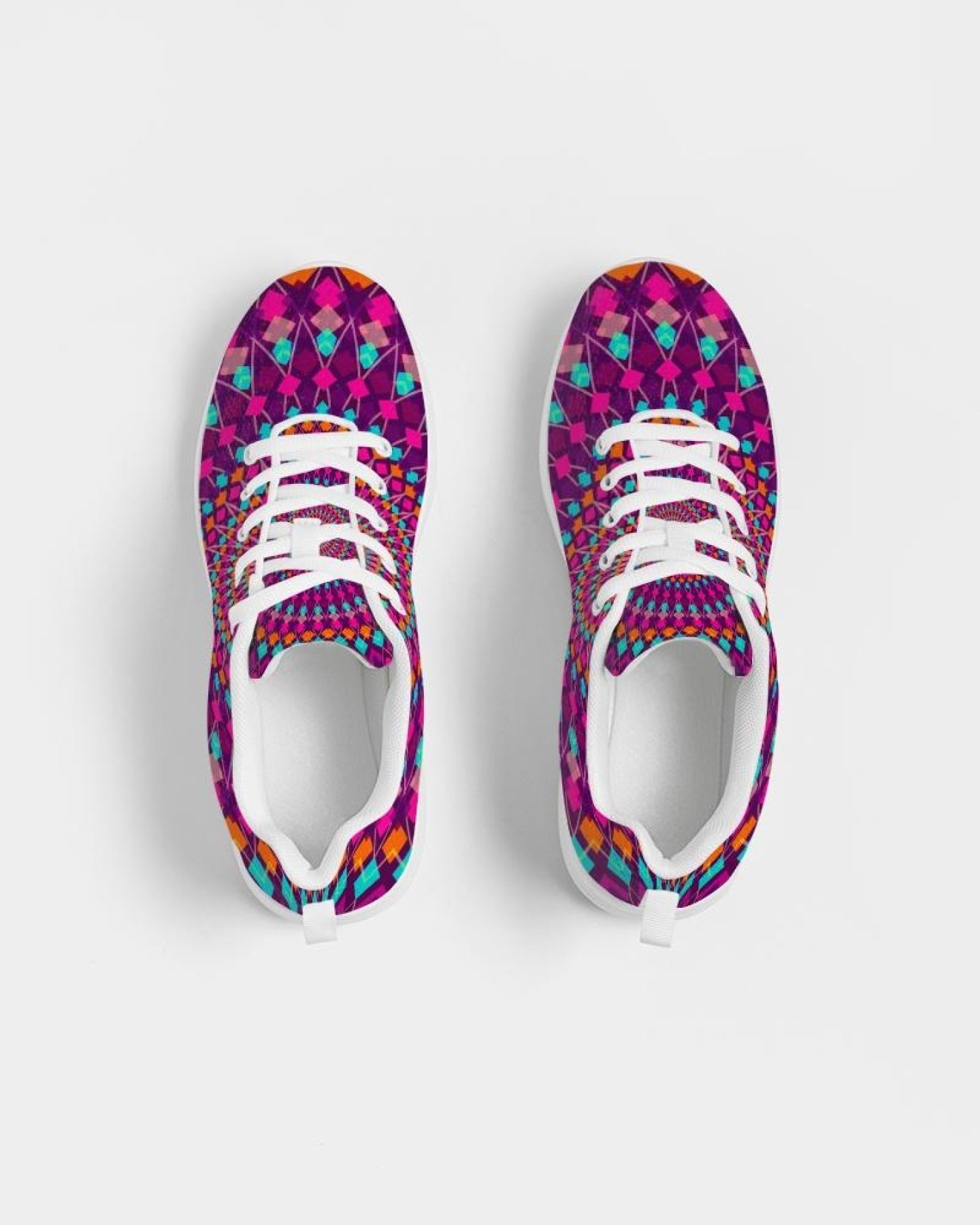 A pair of Womens Sneakers in Purple Kaleidoscope style, featuring a lace-up front, breathable lining, and padded collar, perfect for sports and casual wear.