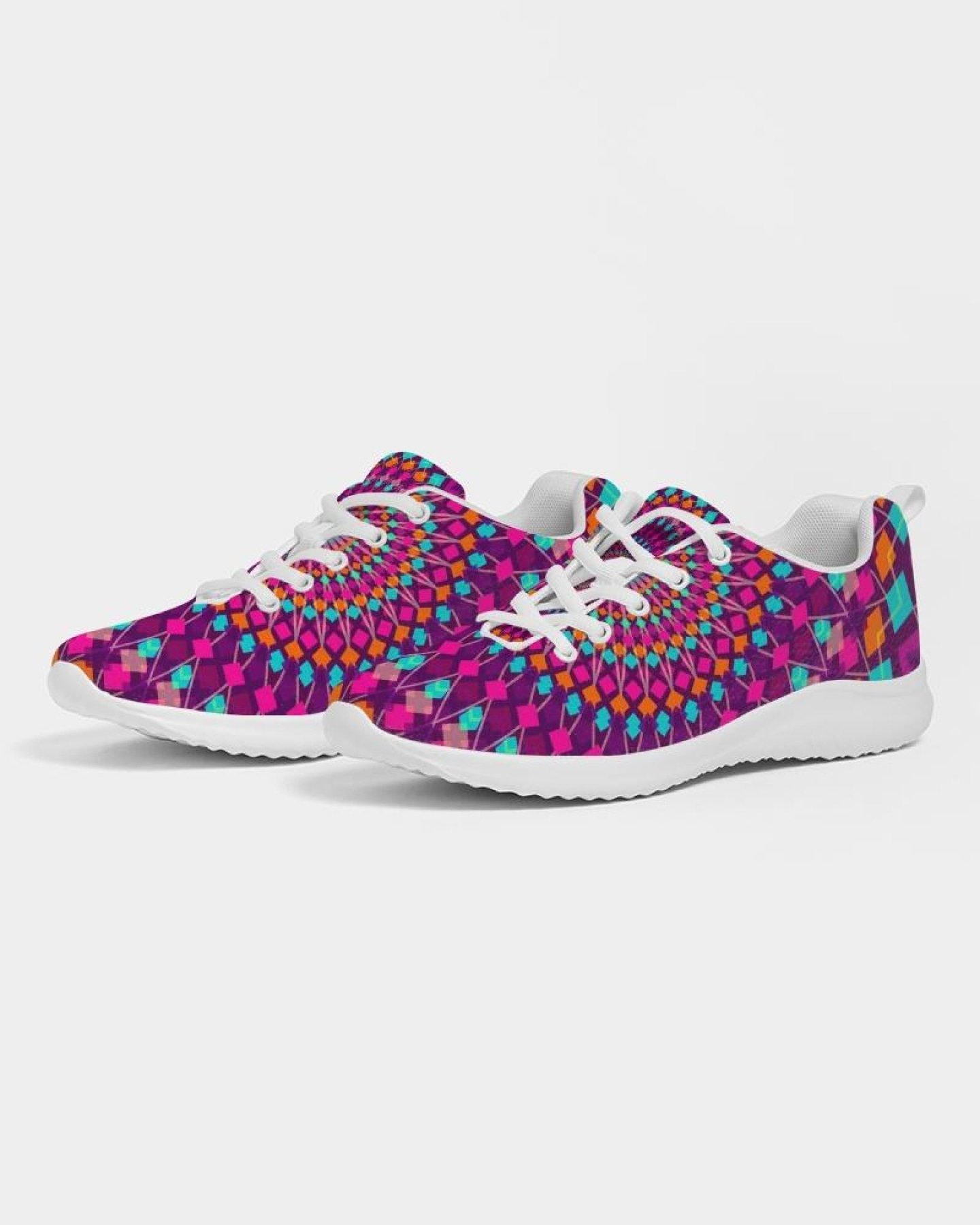 A pair of Womens Sneakers in Purple Kaleidoscope style, featuring a lace-up front, breathable lining, and padded collar, perfect for sports and casual wear.