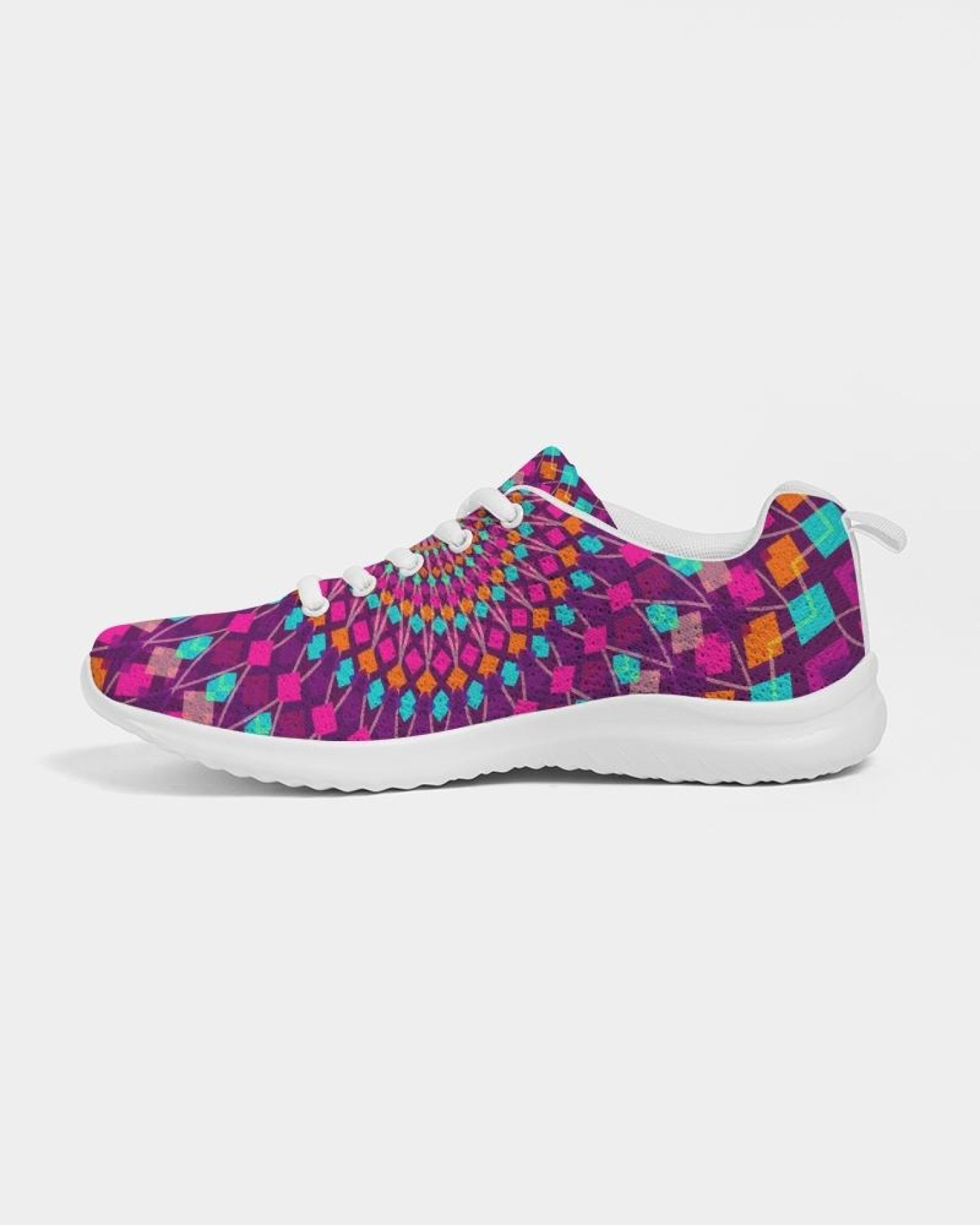 A pair of Womens Sneakers in Purple Kaleidoscope style, featuring a lace-up front, breathable lining, and padded collar, perfect for sports and casual wear.