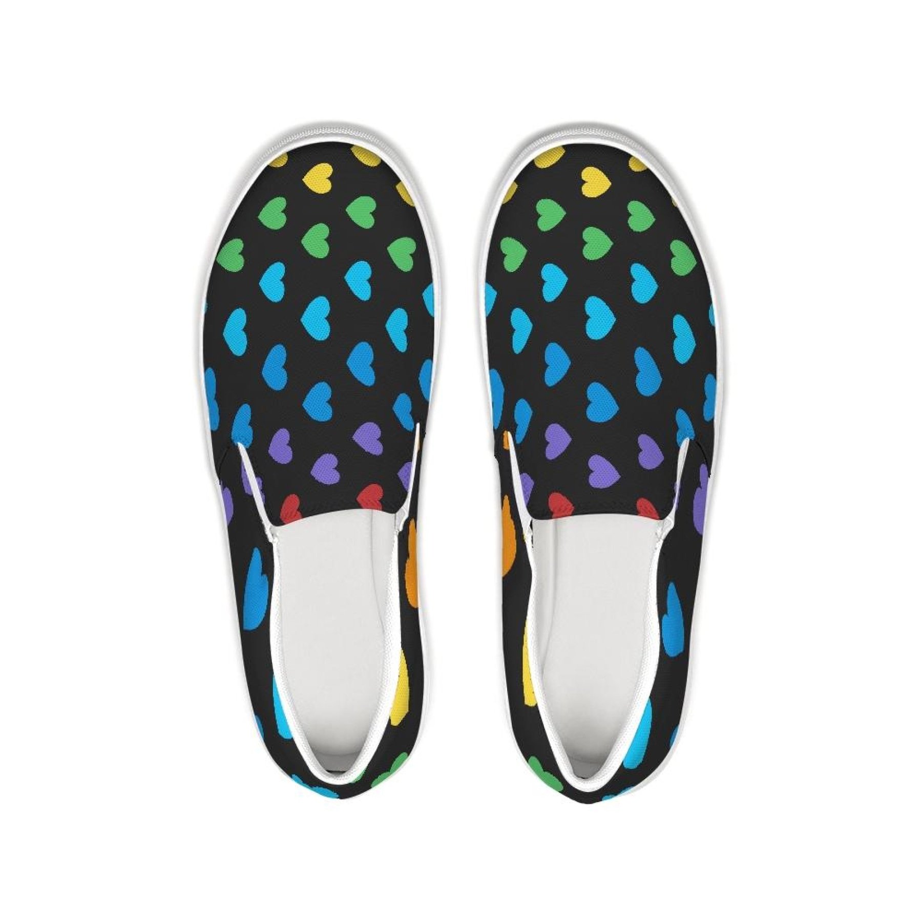 Womens Rainbow Hearts Low Top Slip-on Canvas Shoes showcasing vibrant heart patterns and a comfortable design.