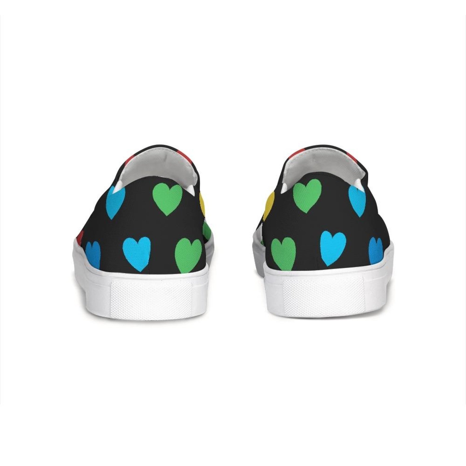 Womens Rainbow Hearts Low Top Slip-on Canvas Shoes showcasing vibrant heart patterns and a comfortable design.