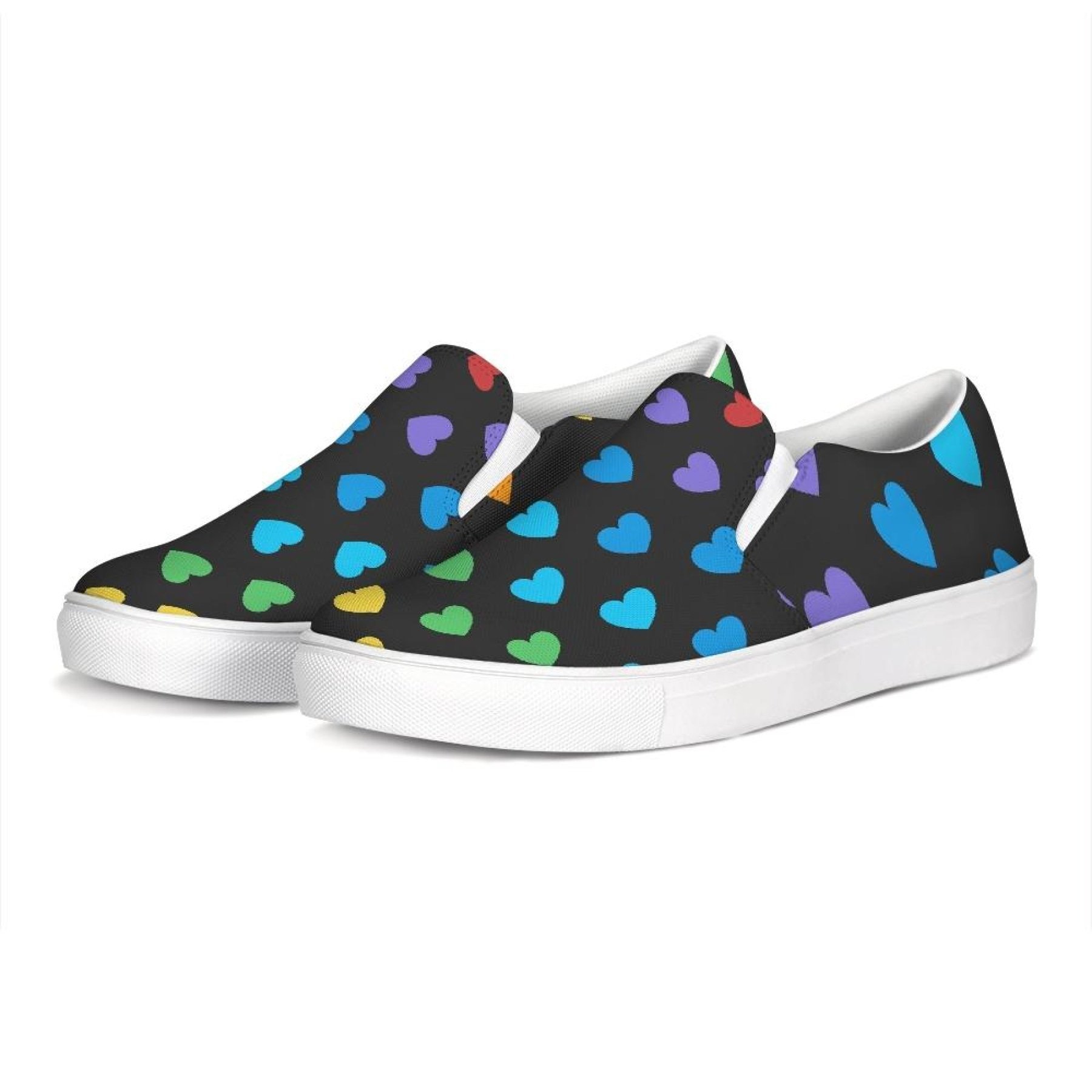 Womens Rainbow Hearts Low Top Slip-on Canvas Shoes showcasing vibrant heart patterns and a comfortable design.