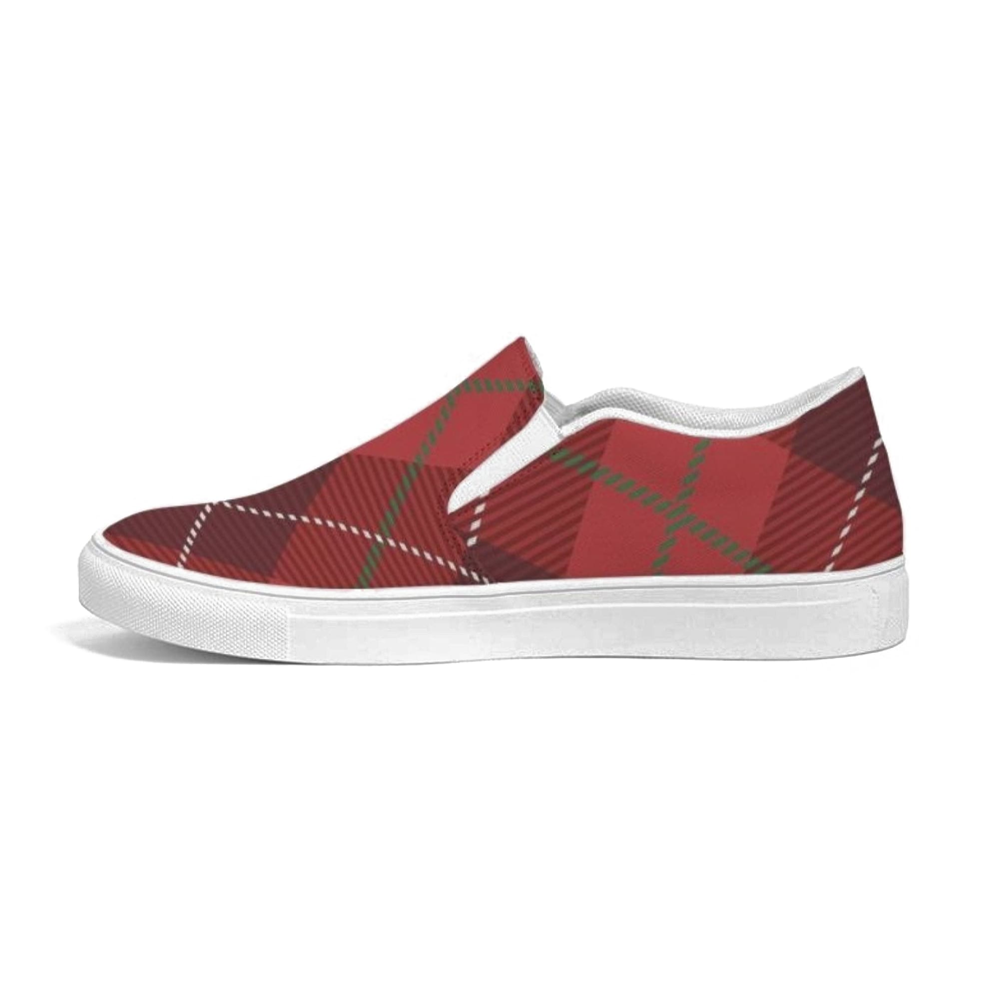 Womens red plaid canvas sports shoes with slip-on design, featuring elastic side accents and padded collar.