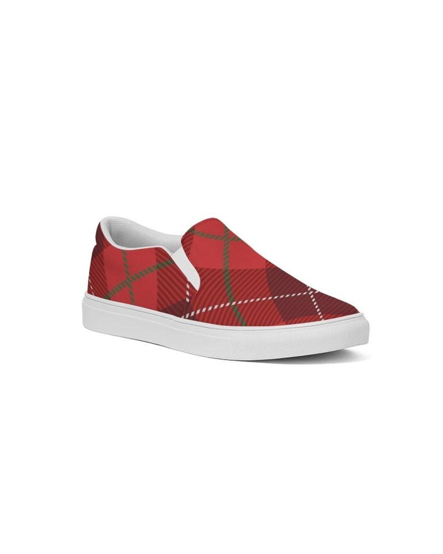 Womens red plaid canvas sports shoes with slip-on design, featuring elastic side accents and padded collar.