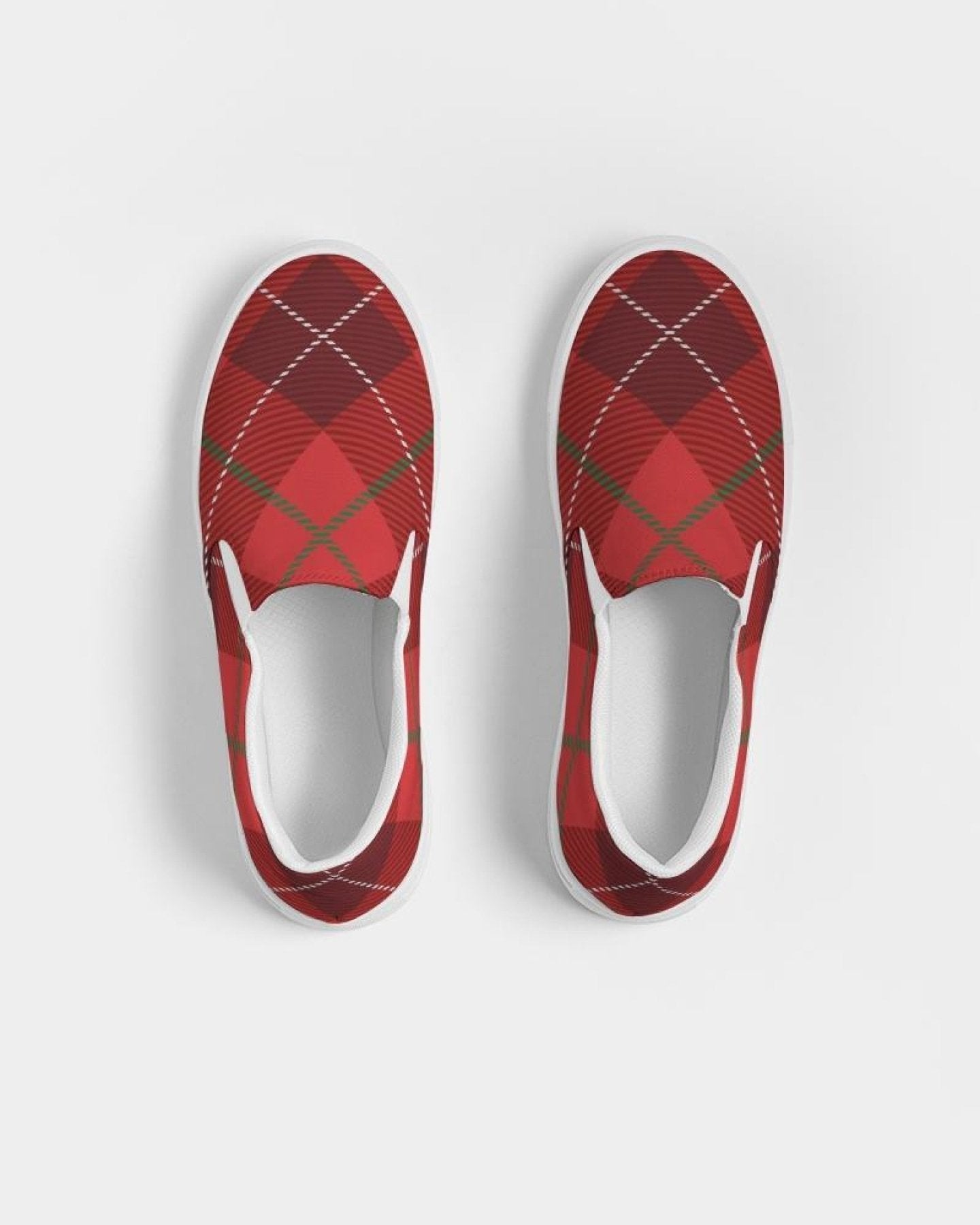 Womens red plaid canvas sports shoes with slip-on design, featuring elastic side accents and padded collar.