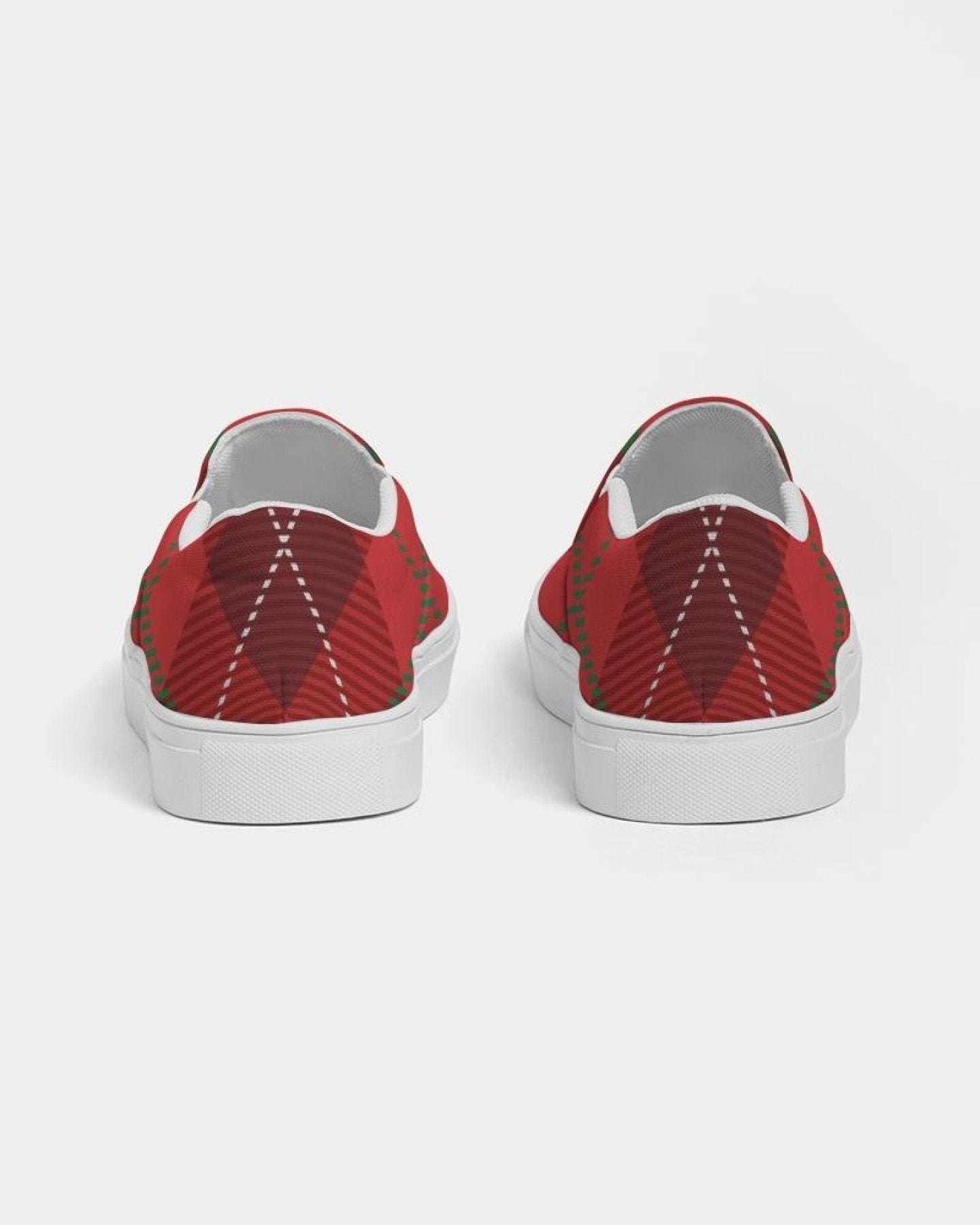 Womens red plaid canvas sports shoes with slip-on design, featuring elastic side accents and padded collar.