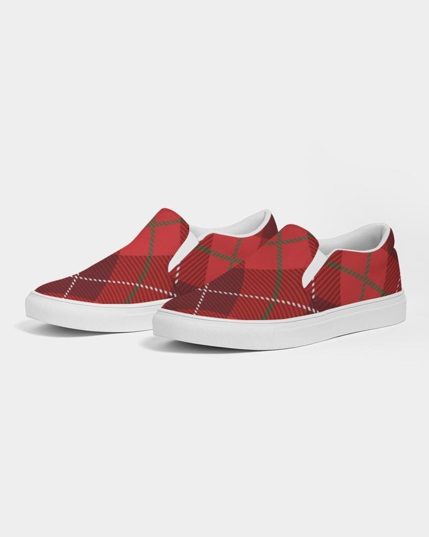 Womens red plaid canvas sports shoes with slip-on design, featuring elastic side accents and padded collar.
