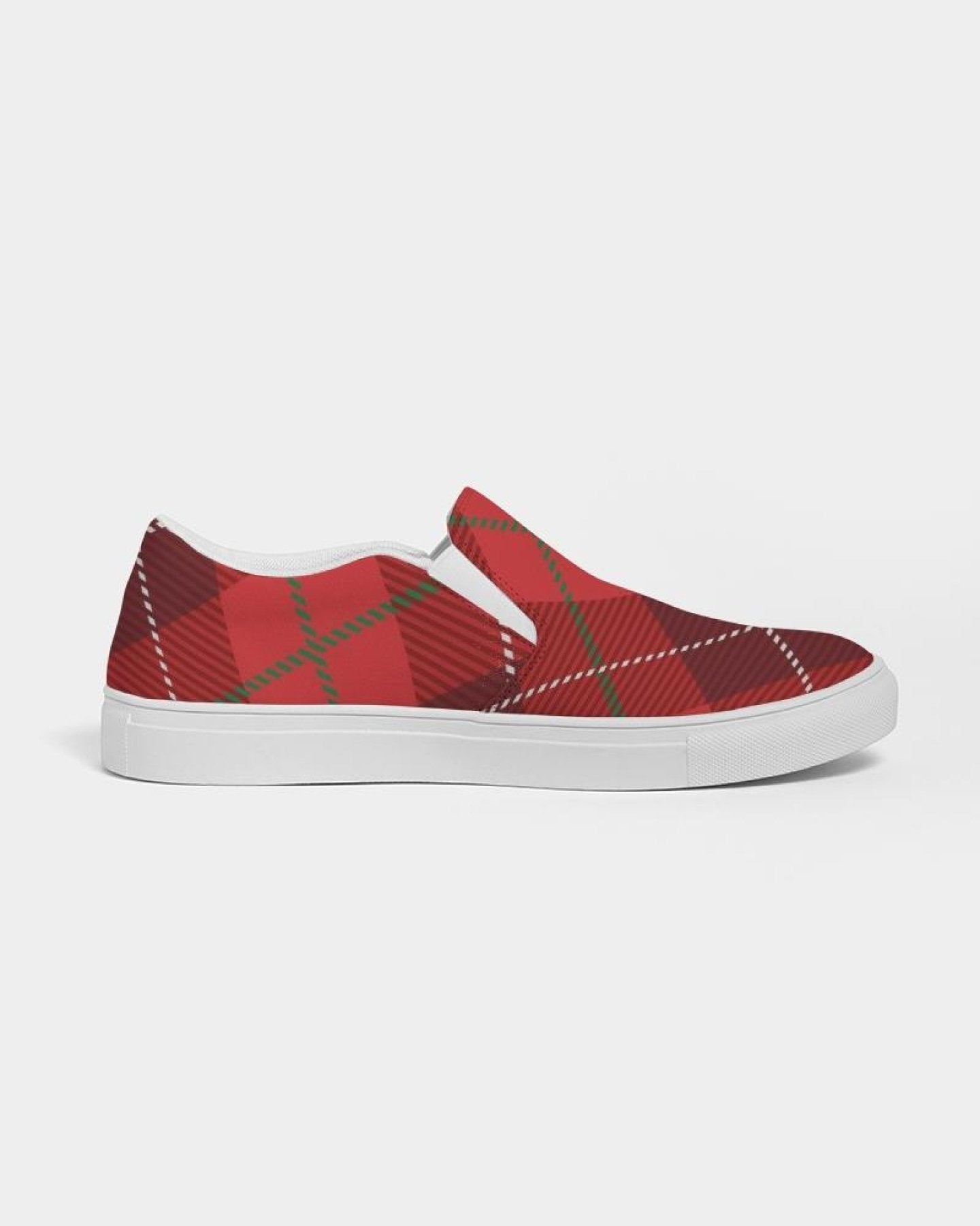 Womens red plaid canvas sports shoes with slip-on design, featuring elastic side accents and padded collar.