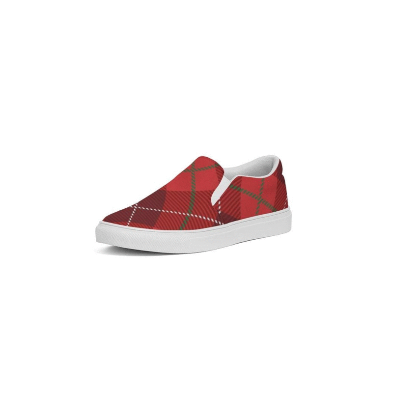 Womens red plaid canvas sports shoes with slip-on design, featuring elastic side accents and padded collar.
