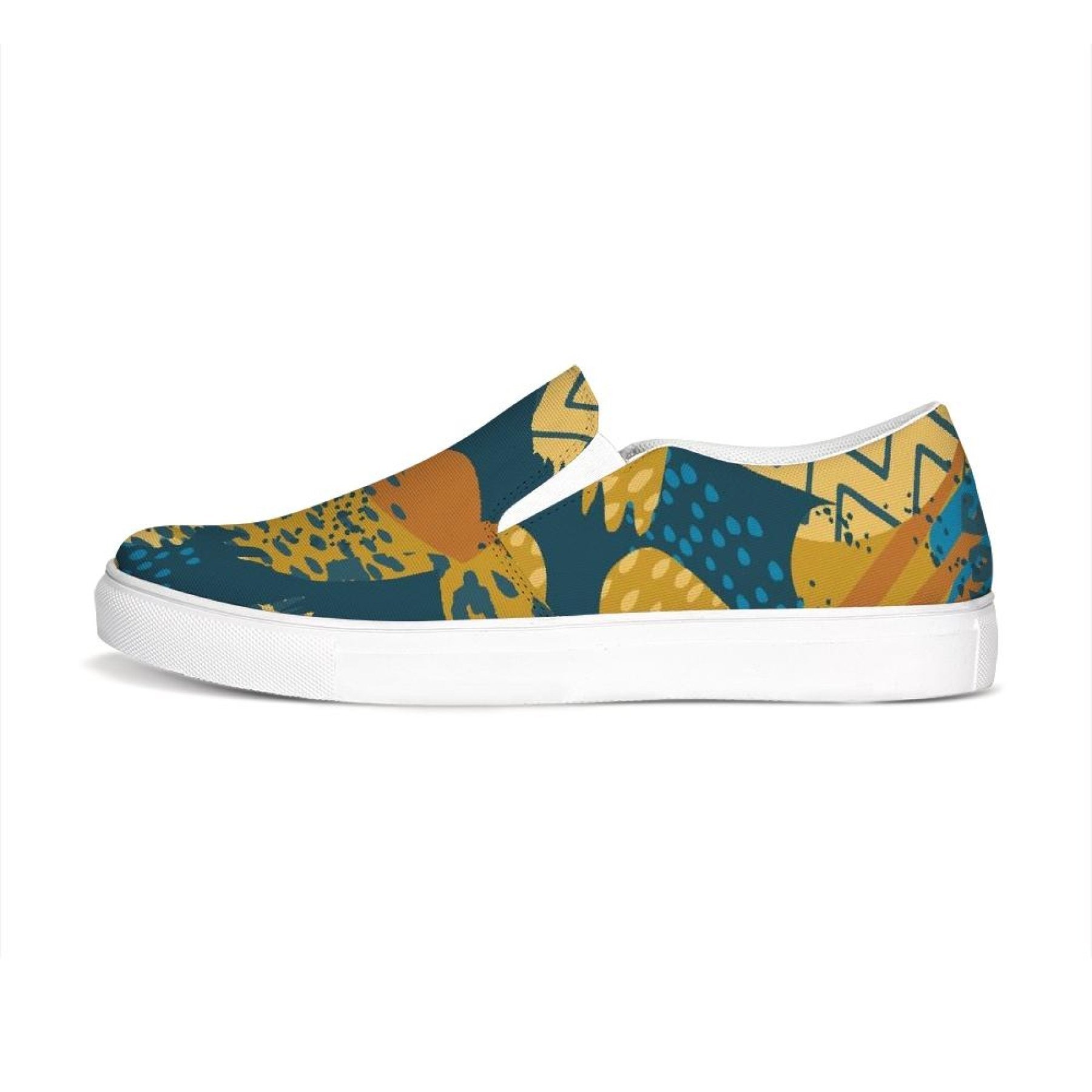 Stylish blue and beige women's slip-on sneakers with elastic side accents and padded collar.