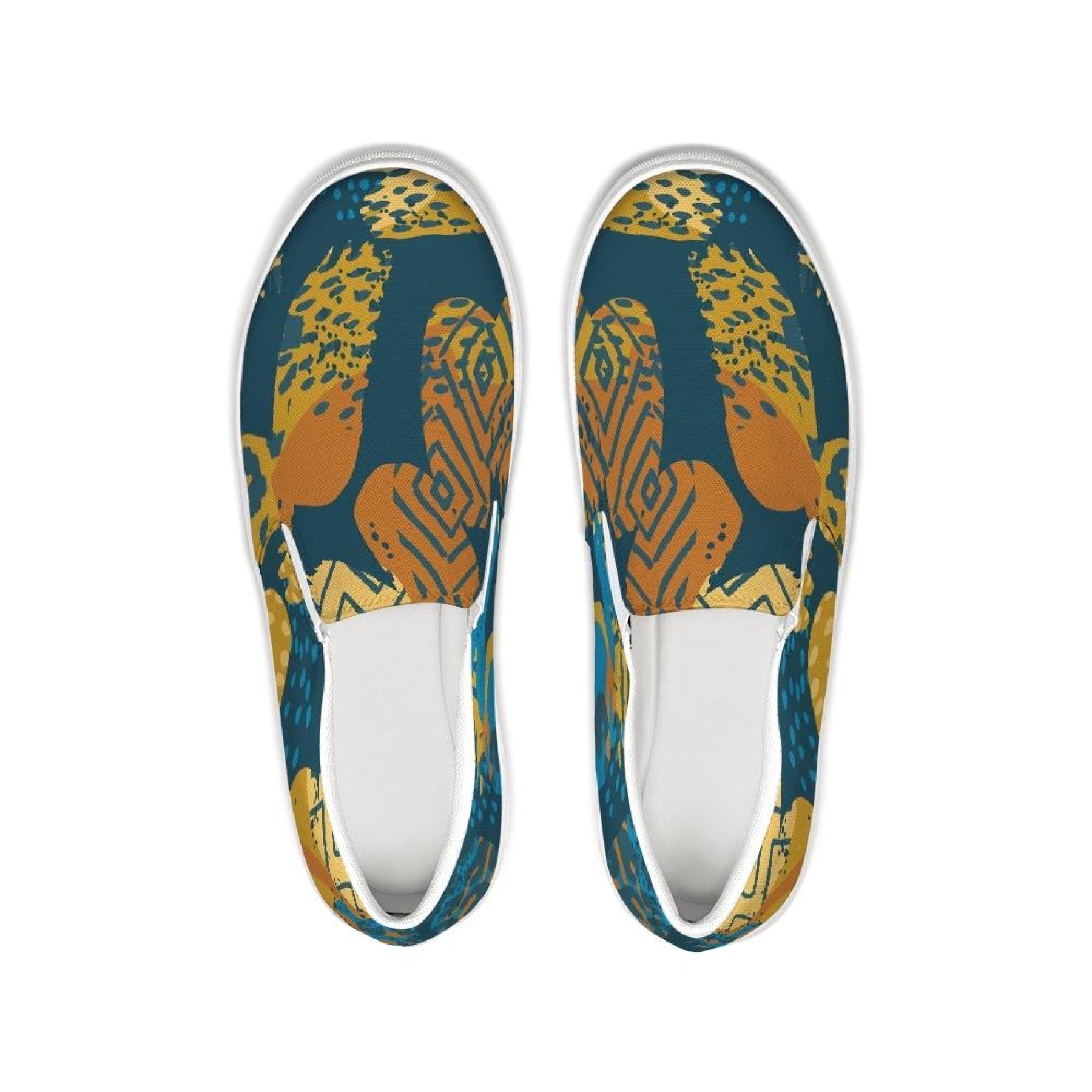 Stylish blue and beige women's slip-on sneakers with elastic side accents and padded collar.