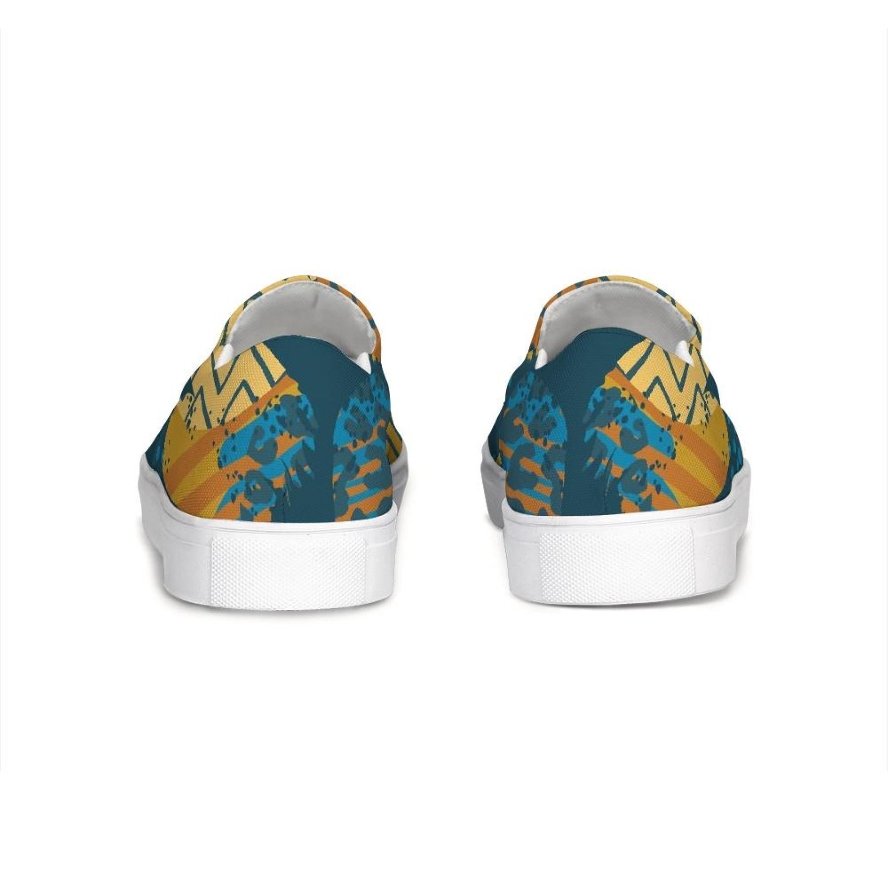 Stylish blue and beige women's slip-on sneakers with elastic side accents and padded collar.