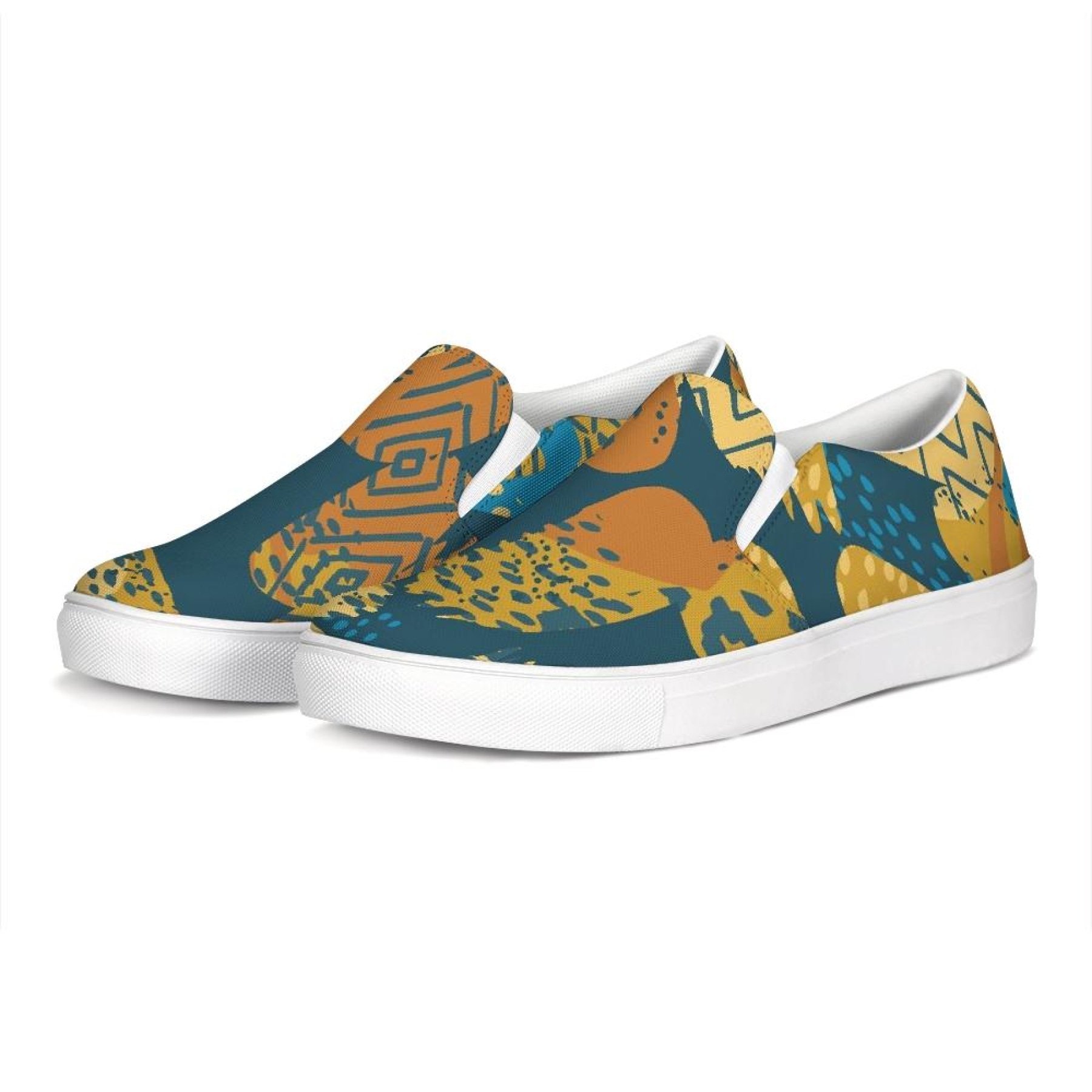 Stylish blue and beige women's slip-on sneakers with elastic side accents and padded collar.